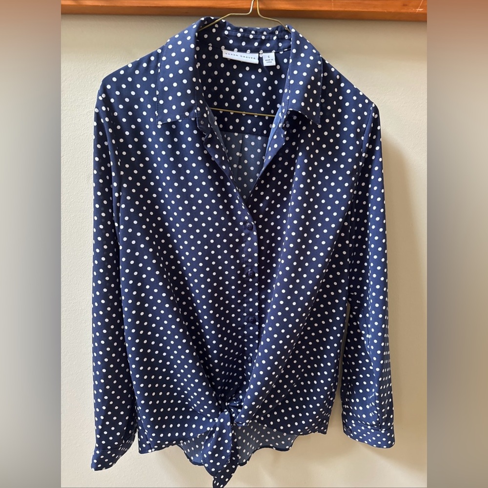 Susan Graver Navy and White Polka Dot tie front Blouse size 6